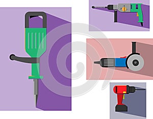 Vector color icon set of power tools with background in flat style