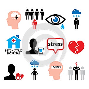 Depression, stress, anxiety vector icons set - mental health concept, depressed poeple design