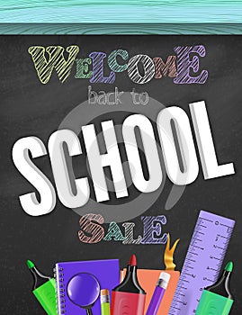 Vector color Illustration of 3D Realistic Back to School Sale Title Poster Design with Items on a blackboard Background