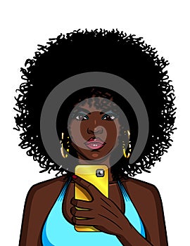 Vector color illustration of an african american woman doing selfie