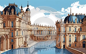 Vector color illustration, beautiful palace, architectural landmark of the 16th-18th century