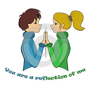 Vector color illustration a boy and a girl in blue and green sweaters are standing opposite each other separated by a stripe and t