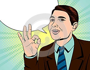 Vector color illustration of a businessman showing a quality sign.