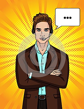 Vector color illustration of a guy in a suit and headphones is leading an online conversation.