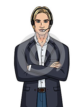 Vector color illustration of a guy in a suit and headphones talking online.
