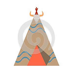 Vector color illustration icon with ceremonial indian chief lodge, wigwam. Wild west symbolic textile element