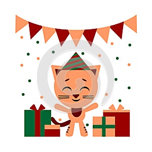 Vector color illustration of nice cat cartoon with gift boxs on white background. Flat style design for web, site