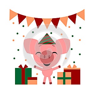 Vector color illustration of nice pink cartoon pig with gift boxs on white background. Flat style design for web, site