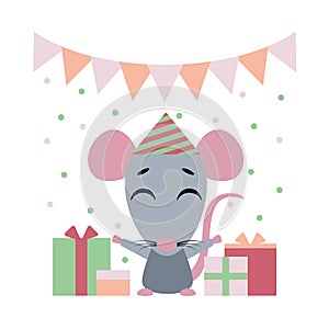Vector color illustration of nice rat cartoon with gift boxs on white background. Flat style design for web, site