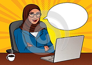 Vector color illustration of successful muslim business woman in office room.