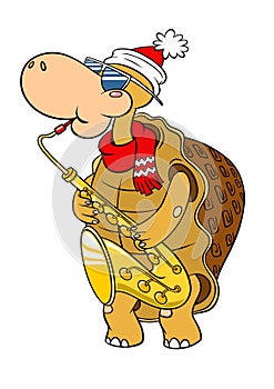 Vector color image isolated on white. A cute cartoon turtle in a winter red hat plays the saxophone. Funny turtle musician