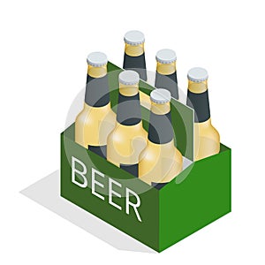 Vector color isometric icon with case of beer with six beer bottles. Flat 3d vector isometric illustration.