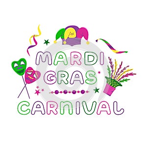 Vector color lettering for Mardi Gras carnival.Mardi gras party design. Collection of french traditional mardi gras symbols