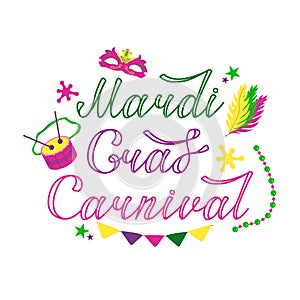 Vector color lettering for Mardi Gras carnival.Mardi gras party design. Collection of french traditional mardi gras symbols