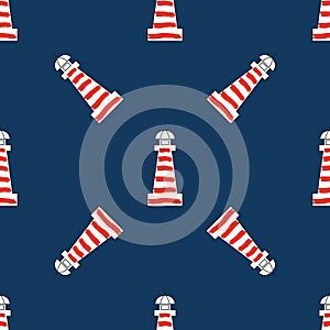 Vector color lighthouse seamless pattern on blue background. Eps10