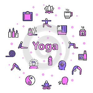 Vector color linear icon round set of yoga and asana