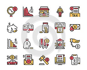 Vector color linear icon set of financial crisis, bankrupt