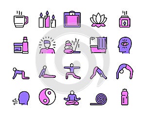 Vector color linear icon set of yoga and asana