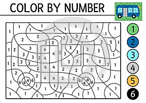 Vector color by number activity with blue bus. City transport scene. Black and white counting game with autobus. Coloring page for
