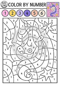 Vector color by number activity with unicorn head. Fairytale landscape scene. Black and white counting game with cute little