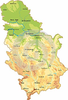 Vector color physical map of Serbia.