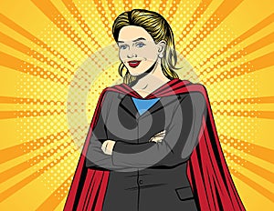 Vector color pop art comic style illustration of a business woman in a super hero costume.