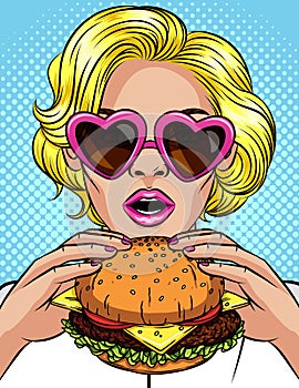 Arte cómico estilo ilustraciones de comer. hermoso mujer de negocios posesión el gran. 
