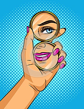 Vector color pop art comic style illustration of a girl looks in a mirror.