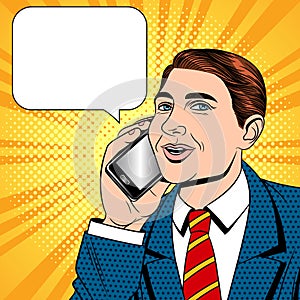 Vector color pop art comic style illustration of a young man talking on a cell phone.