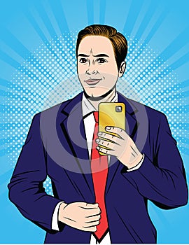 Vector color pop art style illustration of a business man in a suit doing selfie.
