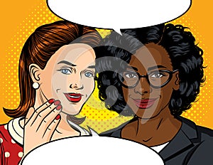 Vector color pop art style illustration of a girl talking.