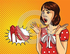 Vector color pop art style illustration of surprised girl with open mouth.