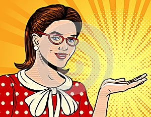 Vector color pop art style illustration of a woman showing a product.