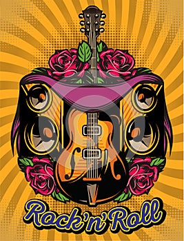 Vector color poster template with guitar, speakers and rose