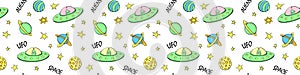 Vector color seamless childish pattern with cute aliens, space doodles, lettering, Flying Saucers, UFO