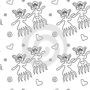 Vector color seamless childish pattern with cute outline monsters aliens, space doodles, lettering. Baby background perfect for