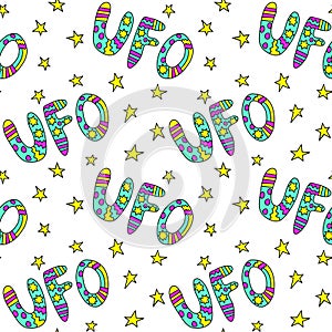 Vector color seamless pattern with the word UFO. Background and texture on the theme of space, UFOlogy, flying saucers, conspiracy photo