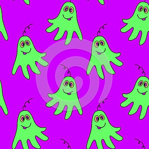 Vector color seamless repeating childish pattern with cute funny monsters aliens and space doodles. Cosmic or Halloween background