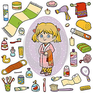 Vector color set of bathroom objects, girl and bathrobe photo