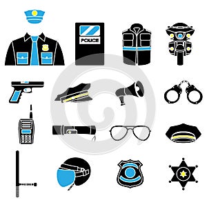 Vector color set collection icons of police equipment illustration
