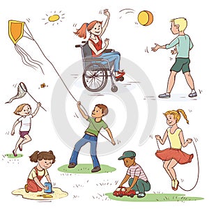 Vector color set of sketch illustration of children. Girl in wheelchair ball game with the boy, the child catches a