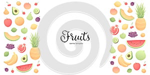 Vector color veggy fruit banner. Modern style flat frame of fruits with horizontal borders isolated on white background. Design