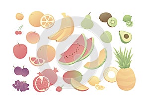 Vector color veggy fruit set. Modern style flat square composition of fresh colorful fruits isolated on white background. Design