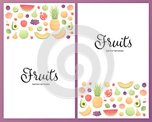 Vector color veggy fruit set of posters. Modern style vertical flat frame of fruits with borders isolated on white background.