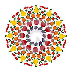 Vector colored circular fruity mandala apple, pear, apricot, cherry, plum and strawberry - adult coloring book page