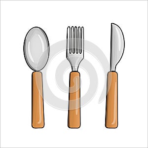 Vector colored dinnerware set. Kitchen tool icons isolated on white background. Cartoon style cooking equipment. Spoon, knife,