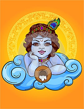 Vector colored illustration of an indian god Krishna lies on a cloud with a pot.