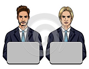 Vector colored illustration of an young guy sitting in the office in front of a computer.