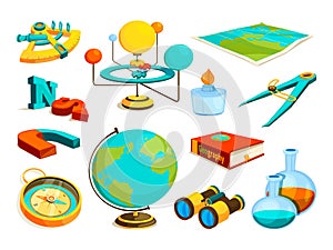 Vector colored pictures of science and geography symbols