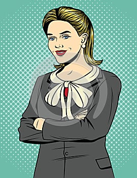 Vector colored pop art comic style illustration of a business woman standing with arms crossed.